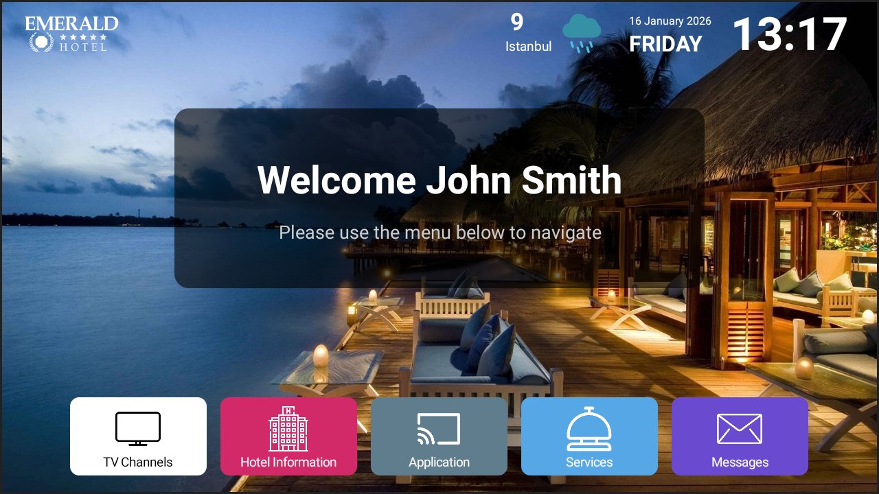 Hotel IPTV welcome home screen