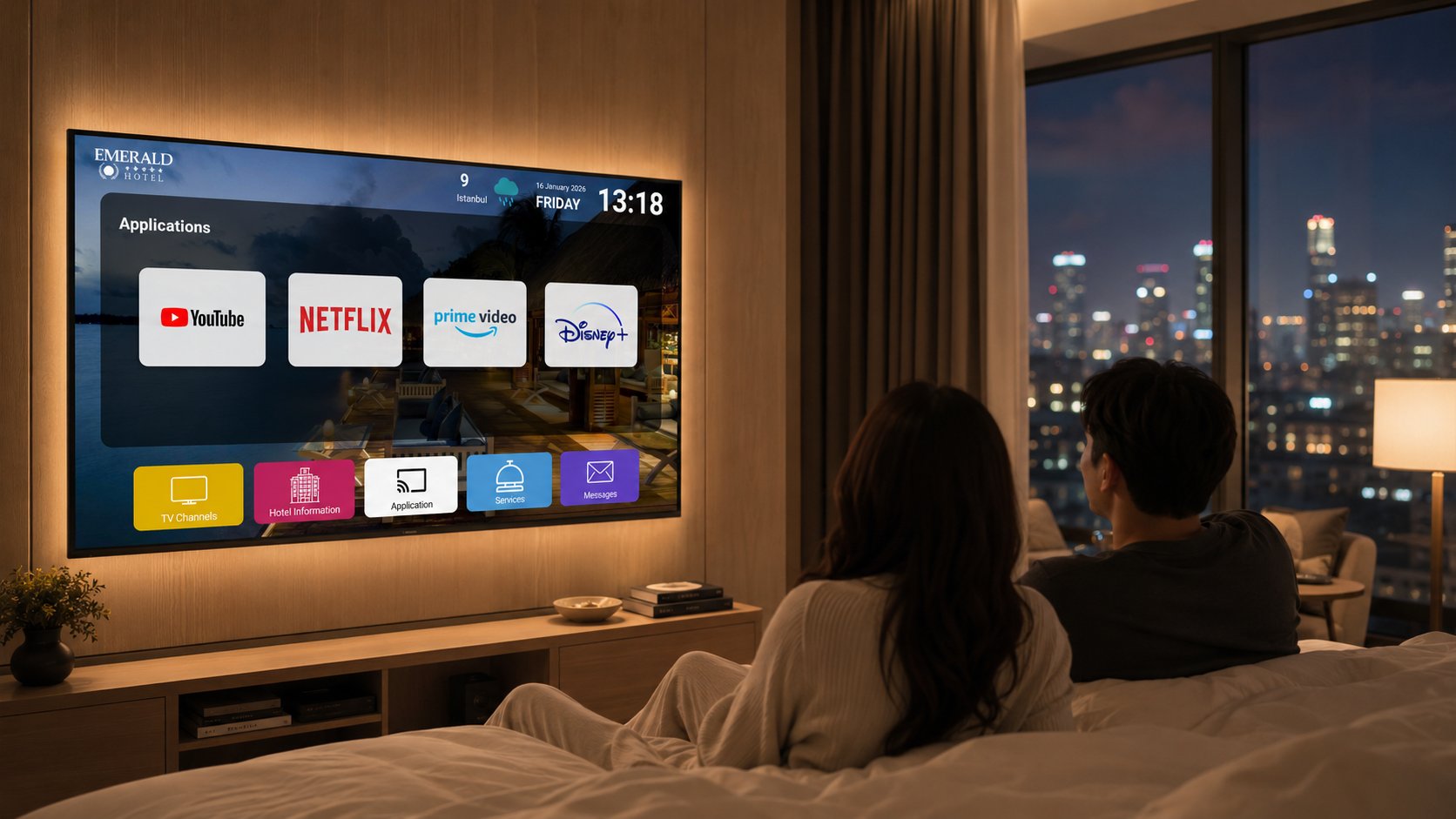 Pareja disfrutando apps de streaming en la TV de la habitación