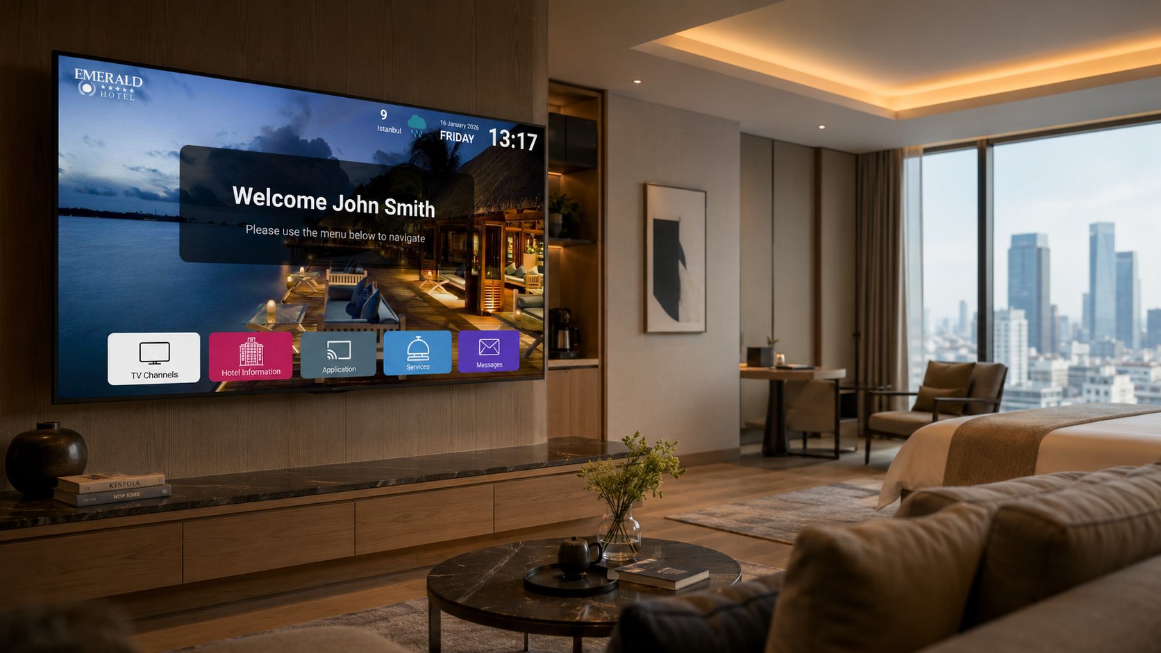 Habitación de hotel de lujo con SereniCAST en la TV
